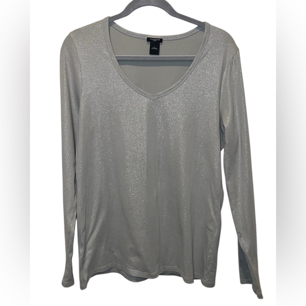 Ann Taylor Women’s Shimmer Sliver Gray Basic Cotton Long Sleeve T-shirt Sz Large